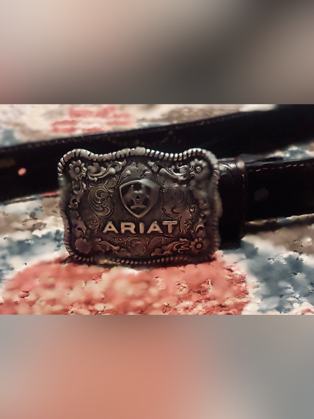 Ariat Unisex Embossed Silver Buckle Leather Belt - Brown Sz 28